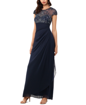 Xscape Beaded Yoke Ruched Gown In Navy 
