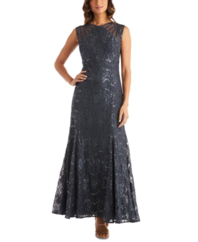 Shop R & M Richards Women's Long Embellished Illusion-detail Lace Gown In Charcoal