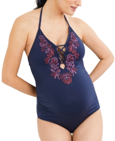 Shop A Pea In The Pod Maternity Embroidered One-piece Swimsuit In Navy
