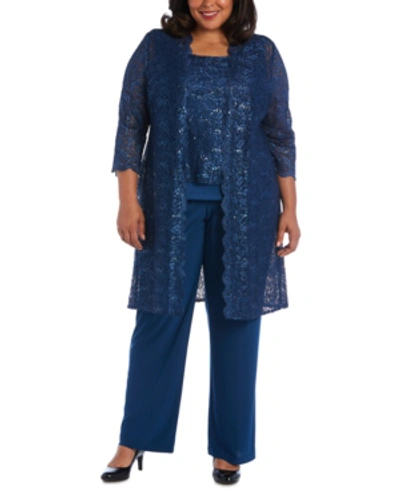 Shop R & M Richards 3-pc. Plus Size Sequined Lace Pantsuit & Shell In Peacock
