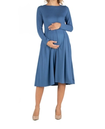 Shop 24seven Comfort Apparel Midi Length Fit And Flare Pocket Maternity Dress In Indigo