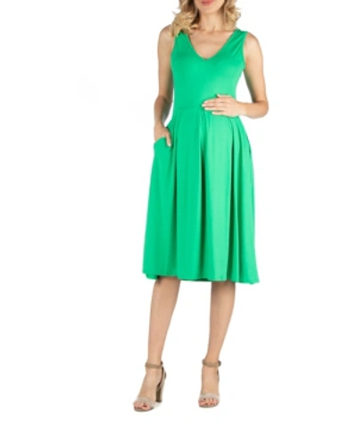 Shop 24seven Comfort Apparel Fit And Flare Sleeveless Maternity Midi Dress With Pockets In Green