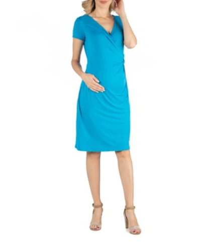 Shop 24seven Comfort Apparel Faux Wrapover Maternity Dress With Cap Sleeves In Turquoise