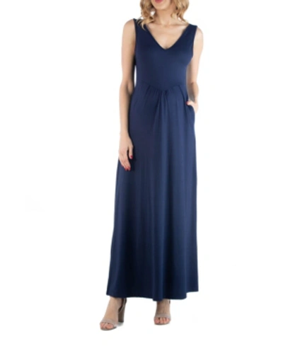 24seven Comfort Apparel Sleeveless V-neck Maxi Dress With Pocket Detail In Navy