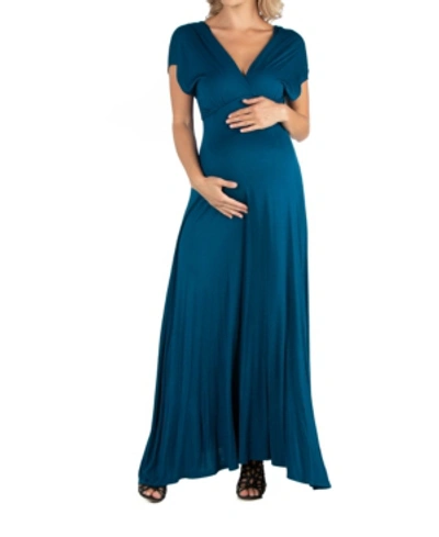 Shop 24seven Comfort Apparel Cap Sleeve V Neck Maternity Maxi Dress In Teal