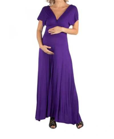 Shop 24seven Comfort Apparel Cap Sleeve V Neck Maternity Maxi Dress In Purple