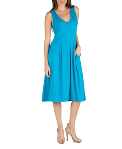 Shop 24seven Comfort Apparel Fit And Flare Midi Sleeveless Dress With Pocket Detail In Sapphire