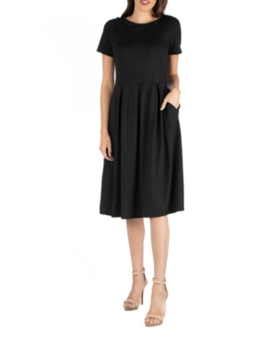 Shop 24seven Comfort Apparel Midi Dress With Short Sleeves And Pocket Detail In Black
