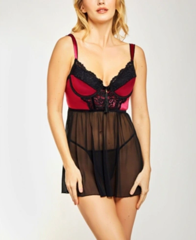 Shop Icollection Venetian Lace And Satin Babydoll 2pc Lingerie Set, Online Only In Wine