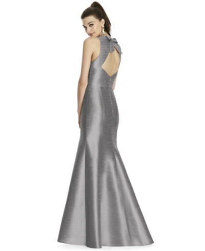 Shop Alfred Sung Bow-back Trumpet Gown In Quarry Gray
