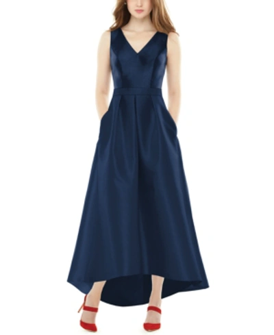 Shop Alfred Sung High-low Satin Gown In Midnight Blue