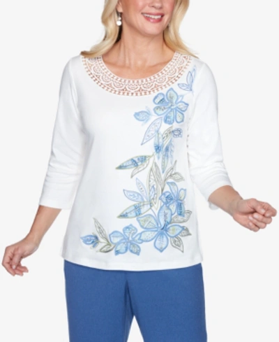 Shop Alfred Dunner Three Quarter Sleeve Asymmetric Floral Knit Top With Crochet Yoke In Ivory