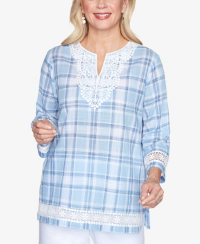 Shop Alfred Dunner Women's Missy Bella Vista Lace Trim Plaid Top In Blue