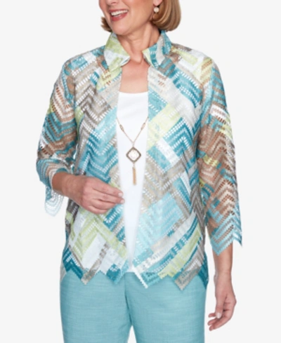 Shop Alfred Dunner Three Quarter Sleeve Zigzag Woven Two-for-one Top With Detachable Necklace In Multi