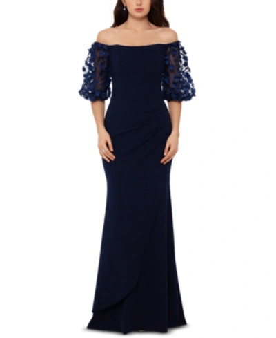 Shop Xscape Off-the-shoulder Floral-sleeve Gown In Navy