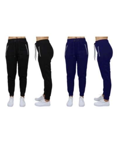 Galaxy By Harvic Women's Loose Fit Fleece Joggers With Zipper Pockets, Pack Of 2 In Black - Navy