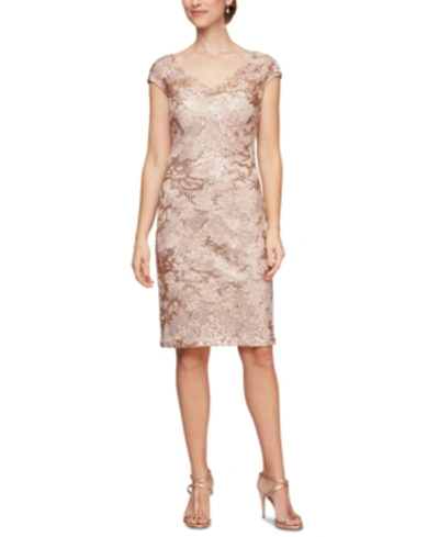 Shop Alex Evenings Sequinned Lace Sheath Dress In Rose Gold