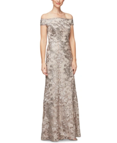 Shop Alex Evenings Embroidered Off-the-shoulder Gown, Created For Macy's In Taupe