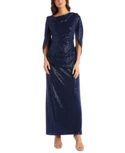 Shop R & M Richards Sequined Draped-back Gown In Navy