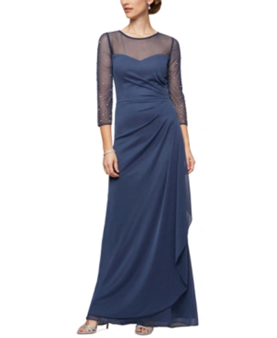 Shop Alex Evenings Illusion-trim Embellished-sleeve Gown In Wedgewood Blue