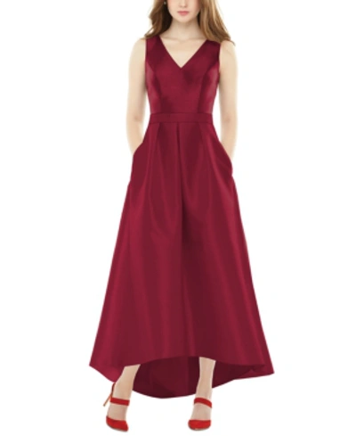 Shop Alfred Sung High-low Satin Gown In Burgundy