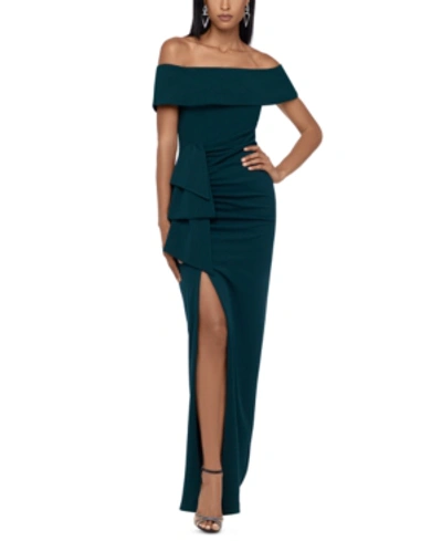 Shop Xscape Off-the-shoulder Gown In Pine Green