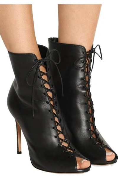 Shop Gianvito Rossi Lace-up Leather Peep-toe Ankle Boots In Black