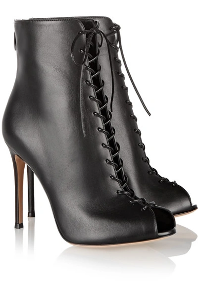 Shop Gianvito Rossi Lace-up Leather Peep-toe Ankle Boots In Black