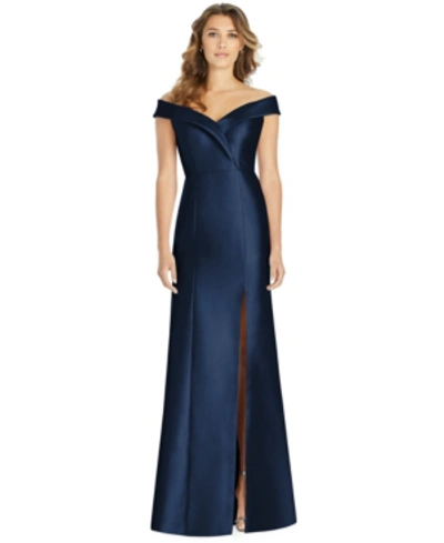 Shop Alfred Sung Off-the-shoulder Satin Gown In Midnight