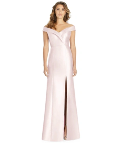 Shop Alfred Sung Off-the-shoulder Satin Gown In Blush