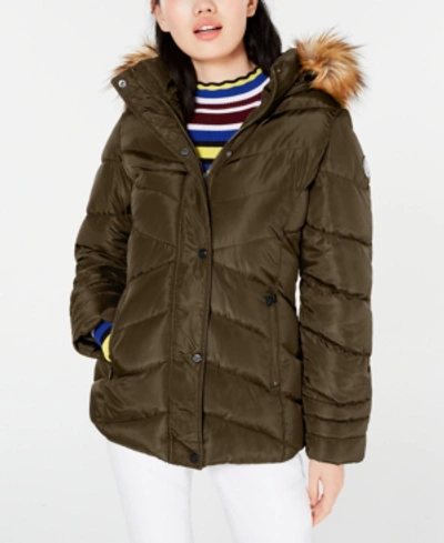 Shop Madden Girl Juniors' Faux-fur Trim Hooded Puffer Coat In Olive