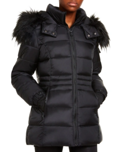 Shop Madden Girl Juniors' Faux-fur Trim Hooded Shine Puffer Coat In Black