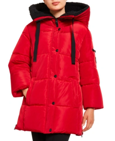Shop Madden Girl Juniors' Faux-fur Lined Hooded Puffer Coat In Red