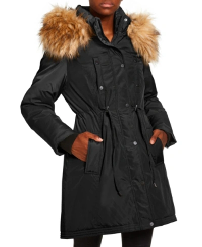 Shop Madden Girl Juniors' Faux-fur Trim Hooded Anorak Parka In Black