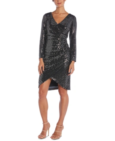 Shop Nightway Sequined Faux-wrap Dress In Silver/black