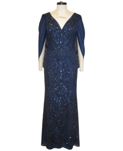 Shop R & M Richards Sequin Drape-back Cape Gown In Navy