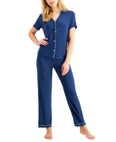 Shop Alfani Short-sleeve Pajama Set, Created For Macy's In Indigo Dye