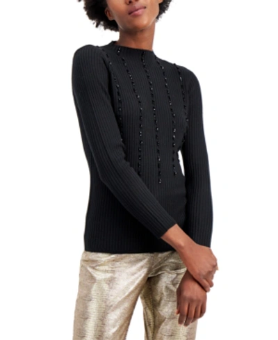 Shop Alfani Beaded Ribbed Sweater, Created For Macy's In Deep Black