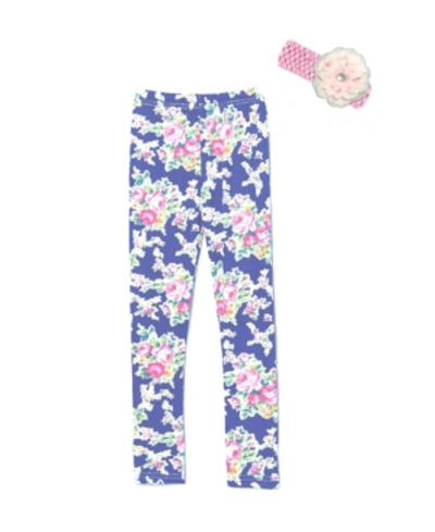 Shop Mi Amore Gigi Little And Big Girls Floral Leggings Includes Crochet Flower Headband In Navy