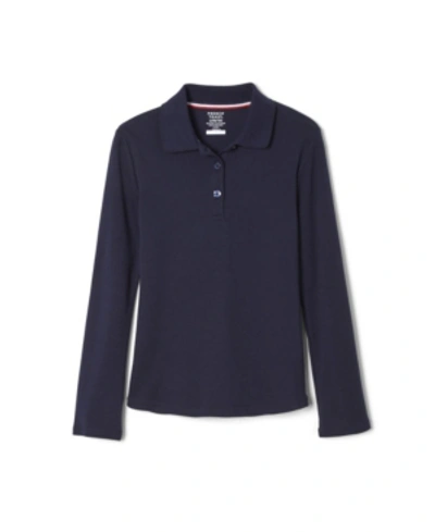 Shop French Toast Plus Girls Long Sleeve Interlock Knit Polo With Picot Collar In Navy