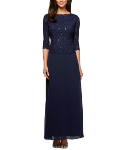 Shop Alex Evenings Petite Sequin Lace Gown In Navy