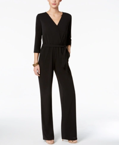 Shop Ny Collection Petite 3/4 Sleeve Belted Wide Leg Jumpsuit In Black