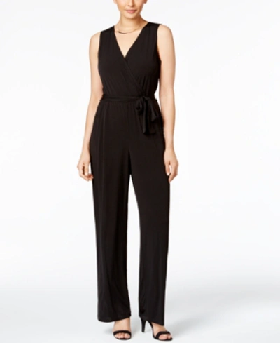 Ny Collection Petite Short Sleeveless Belted Jumpsuit In Black