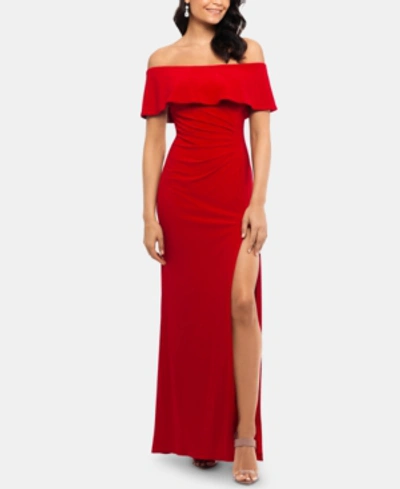 Shop Xscape X By  Petite Ruffled Off-the-shoulder Gown In Red