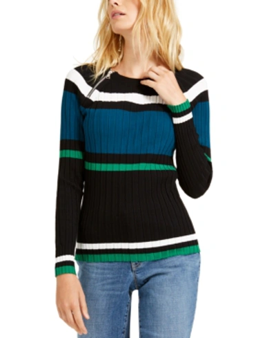 Shop Inc International Concepts Inc Petite Stripe Zipper Sweater, Created For Macy's In Turq Dove