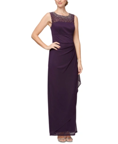 Shop Alex Evenings Petite Embellished Illusion Gown In Eggplant Purple