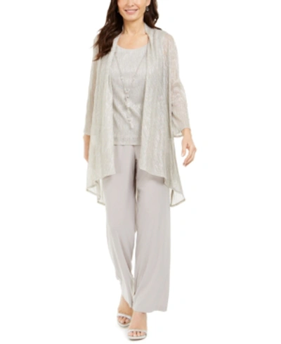 R & M Richards Petite 3-pc. Metallic Jacket, Necklace Top & Pants Set In Champagne