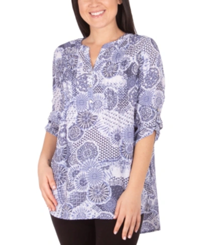 Ny Collection Petite Printed Pintuck Top In Blue Tribal