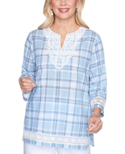 Shop Alfred Dunner Petite Cotton Bella Vista Lace-trim Printed Top In Blue