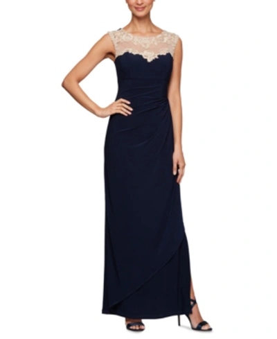 Shop Alex Evenings Petite Embroidered Illusion-yoke Gown In Navy